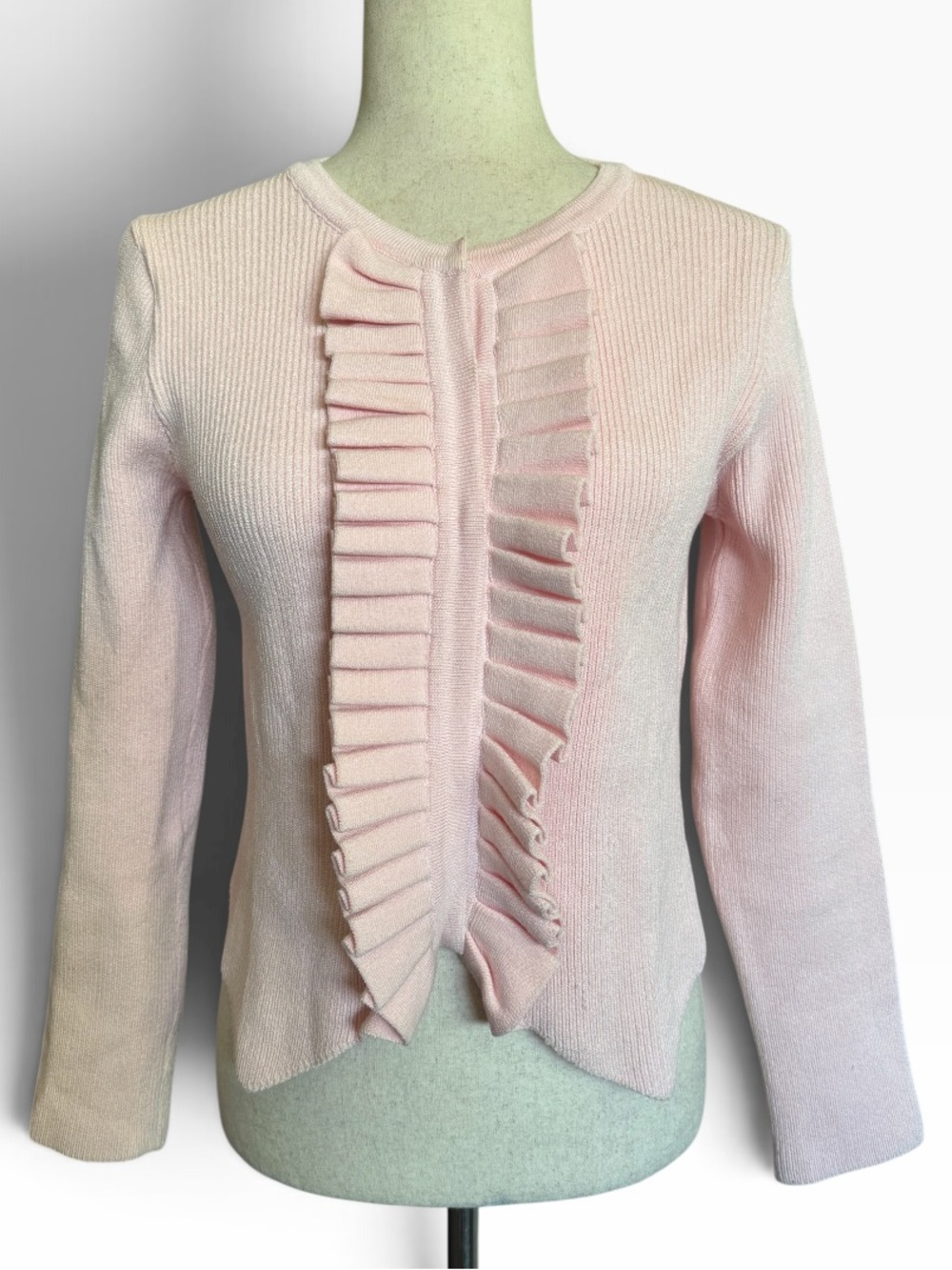 Andrea Bogosian Soft Pink Ruffle-Front Knit Cardigan